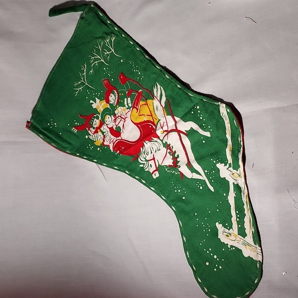Vintage 1950 Christmas Stocking Christmas Design Snowmen Horse Season Greetings - Picture 1 of 10